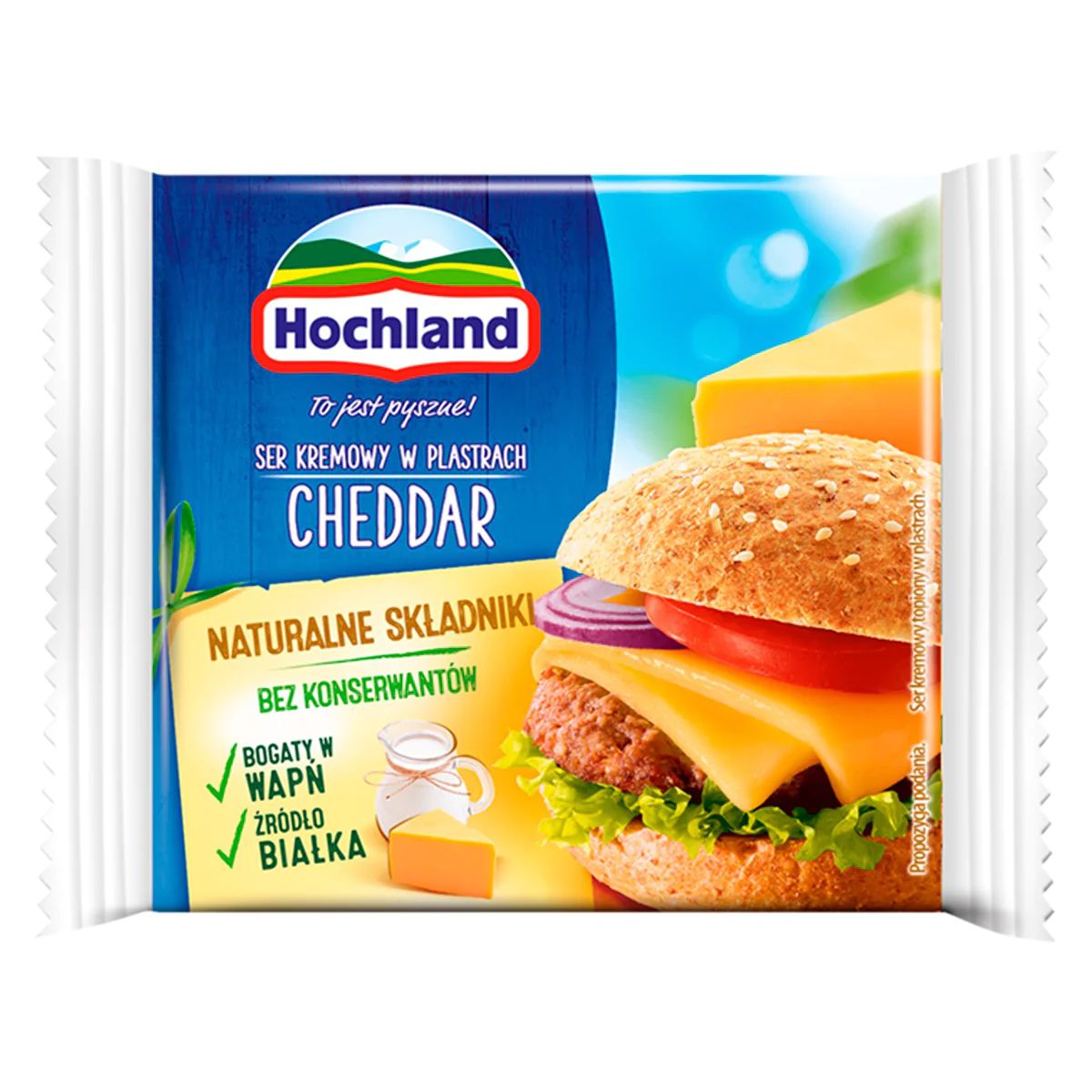 Packaging of Hochland - Cheddar Cheese - 130g slices with an illustration of a cheeseburger.