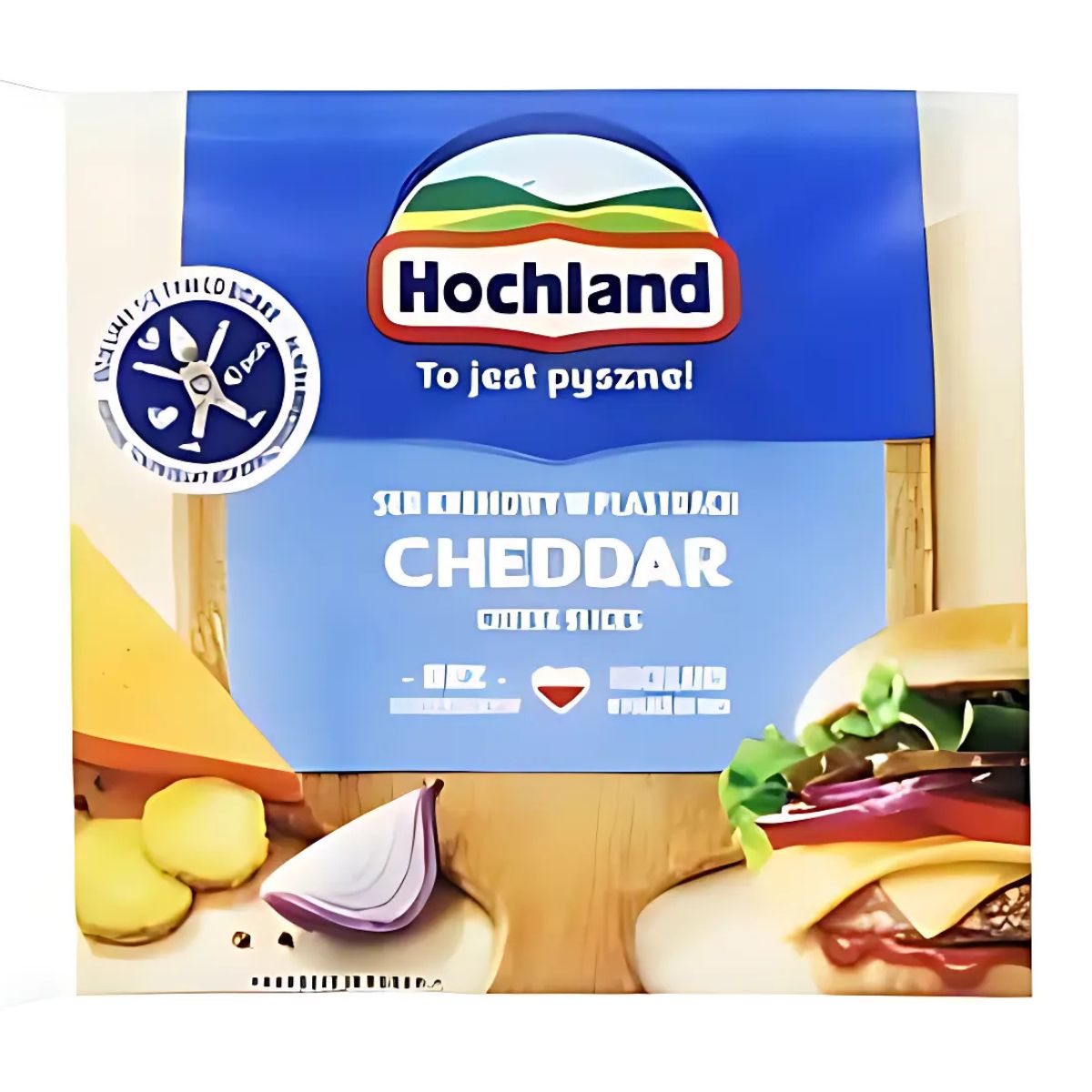 A 130g package of Hochland Cheddar Cheese Slices with images of cheese, onion, and a sandwich on the label. A 130g package of Hochland Cheddar Cheese Slices with images of cheese, onion, and a sandwich on the label.