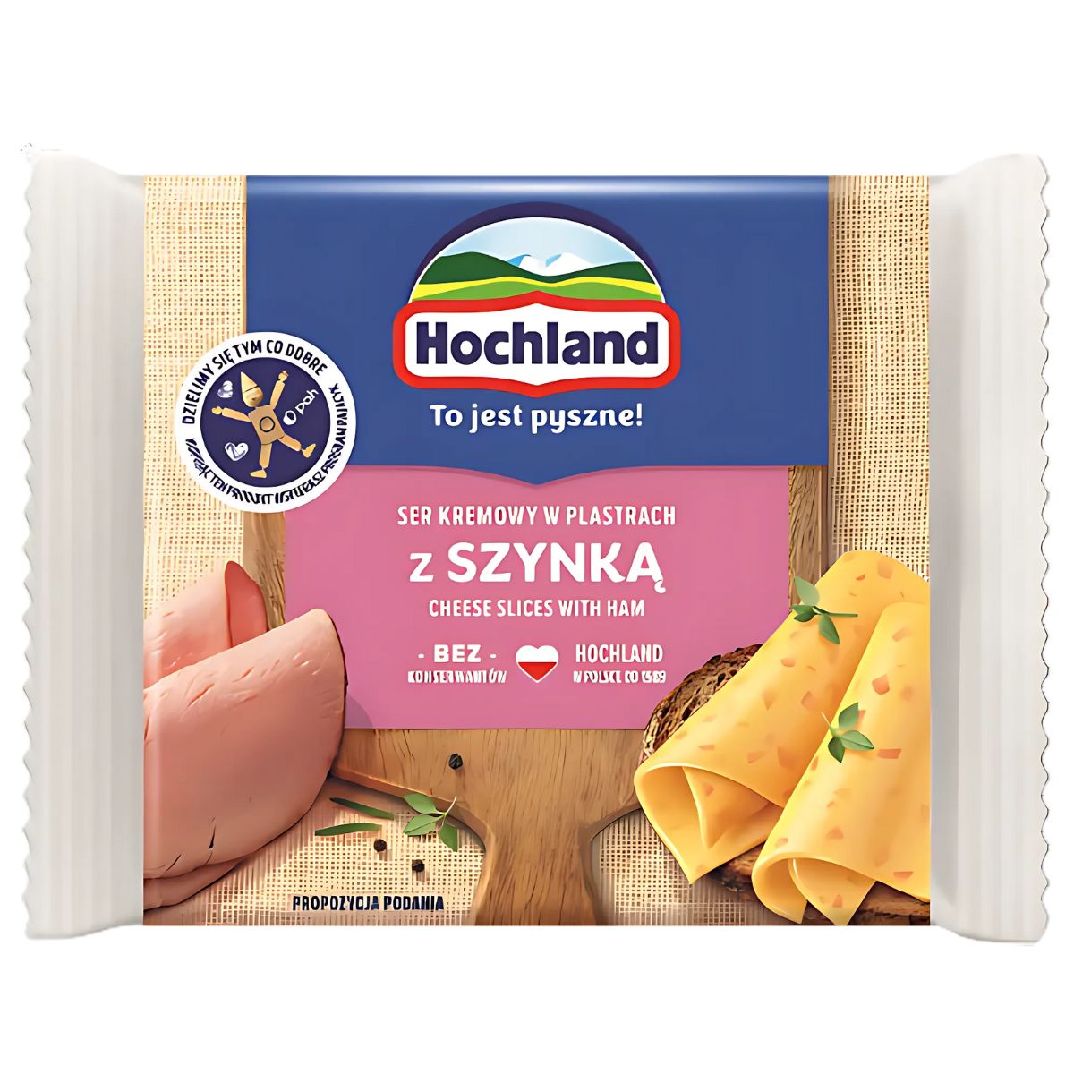 Hochland - Ham & Cheese - 130g: Sliced processed cheese with ham, featuring a block of ham and cheese slices on the front, with product details in Polish and English. A popular Polish choice for enhancing any meal. Hochland - Ham & Cheese - 130g: Sliced processed cheese with ham, featuring a block of ham and cheese slices on the front, with product details in Polish and English. A popular Polish choice for enhancing any meal.