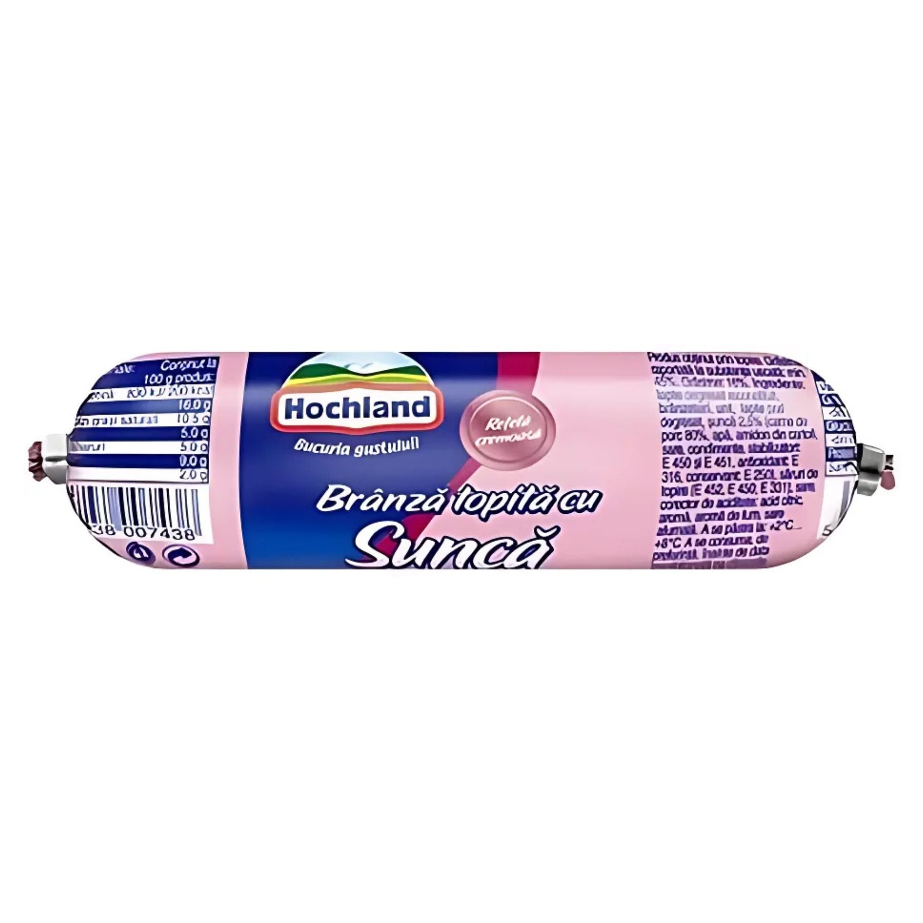 A 100g tube of Hochland Melted Cheese with Ham, labeled in Romanian with nutrition info on a pink and blue design. Ideal for fans of melted cheese bars. A 100g tube of Hochland Melted Cheese with Ham, labeled in Romanian with nutrition info on a pink and blue design. Ideal for fans of melted cheese bars.