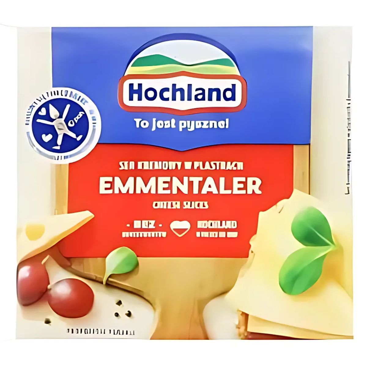 Package of Hochland Toast Emmentaler Cheese (130g), featuring cheese, tomato, and basil on the label with product info in Polish. Ideal for anyone who enjoys tasty processed cheese slices in their meals. Package of Hochland Toast Emmentaler Cheese (130g), featuring cheese, tomato, and basil on the label with product info in Polish. Ideal for anyone who enjoys tasty processed cheese slices in their meals.
