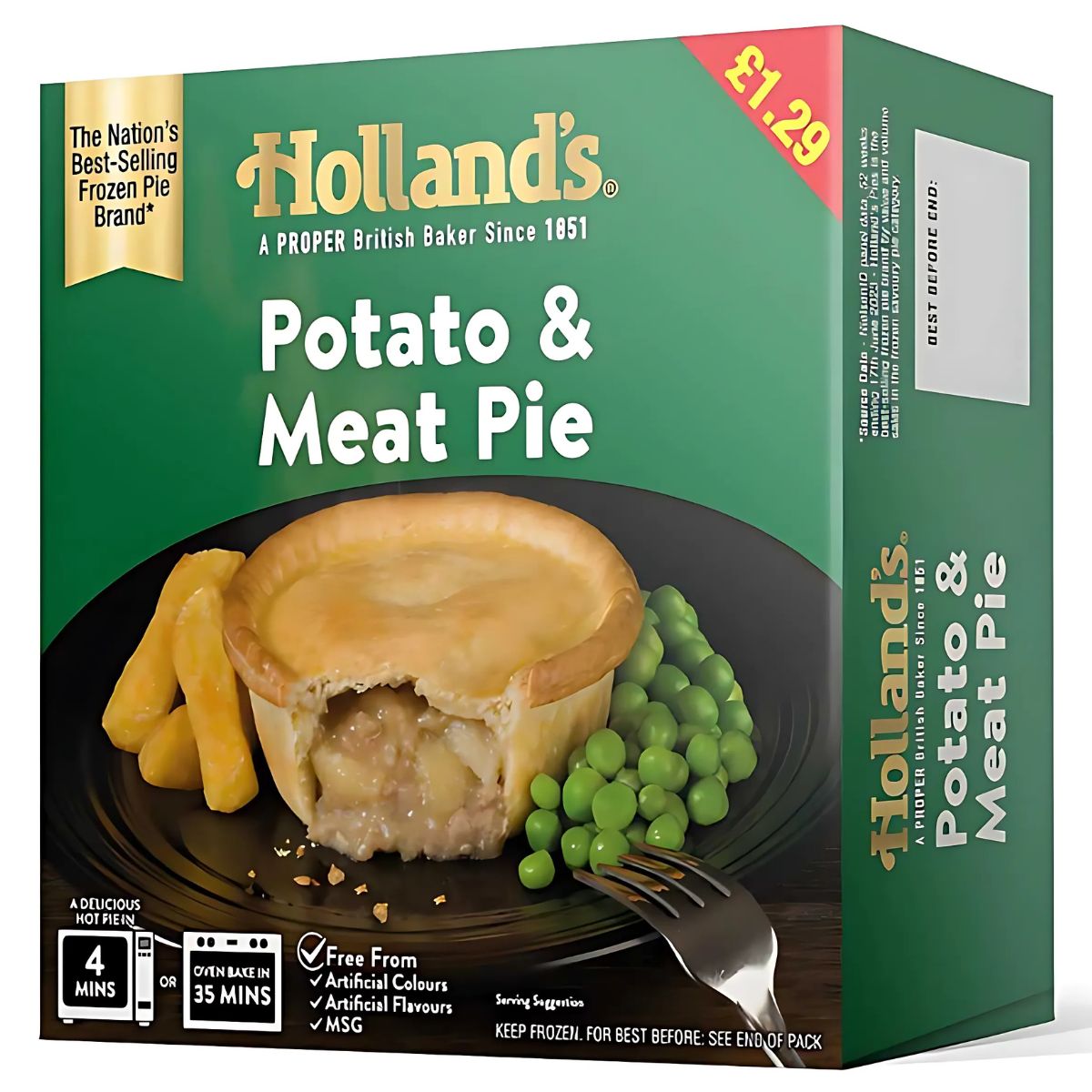 Holland's - Potato & Meat Pie 190g box shown with the hearty pie served on a plate with peas and a fork. Price: £1.29. Cooking instructions and product details are also visible. Holland's - Potato & Meat Pie 190g box shown with the hearty pie served on a plate with peas and a fork. Price: £1.29. Cooking instructions and product details are also visible.