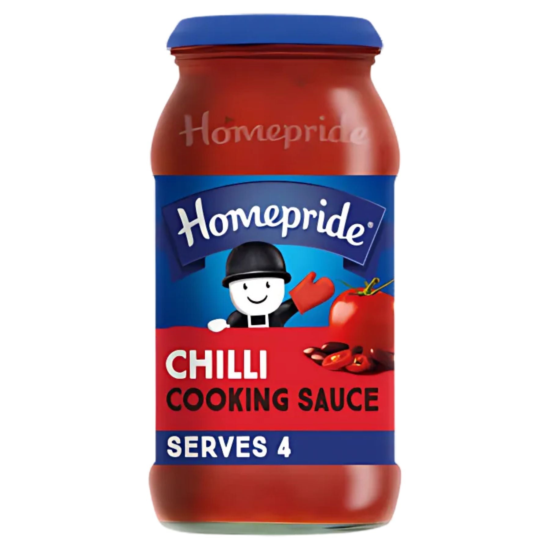 A 450g jar of Homepride Chilli Cooking Sauce with a blue lid and label featuring a cartoon chef, tomato, and chili peppers; this rich tomato sauce with red kidney beans serves four people. A 450g jar of Homepride Chilli Cooking Sauce with a blue lid and label featuring a cartoon chef, tomato, and chili peppers; this rich tomato sauce with red kidney beans serves four people.