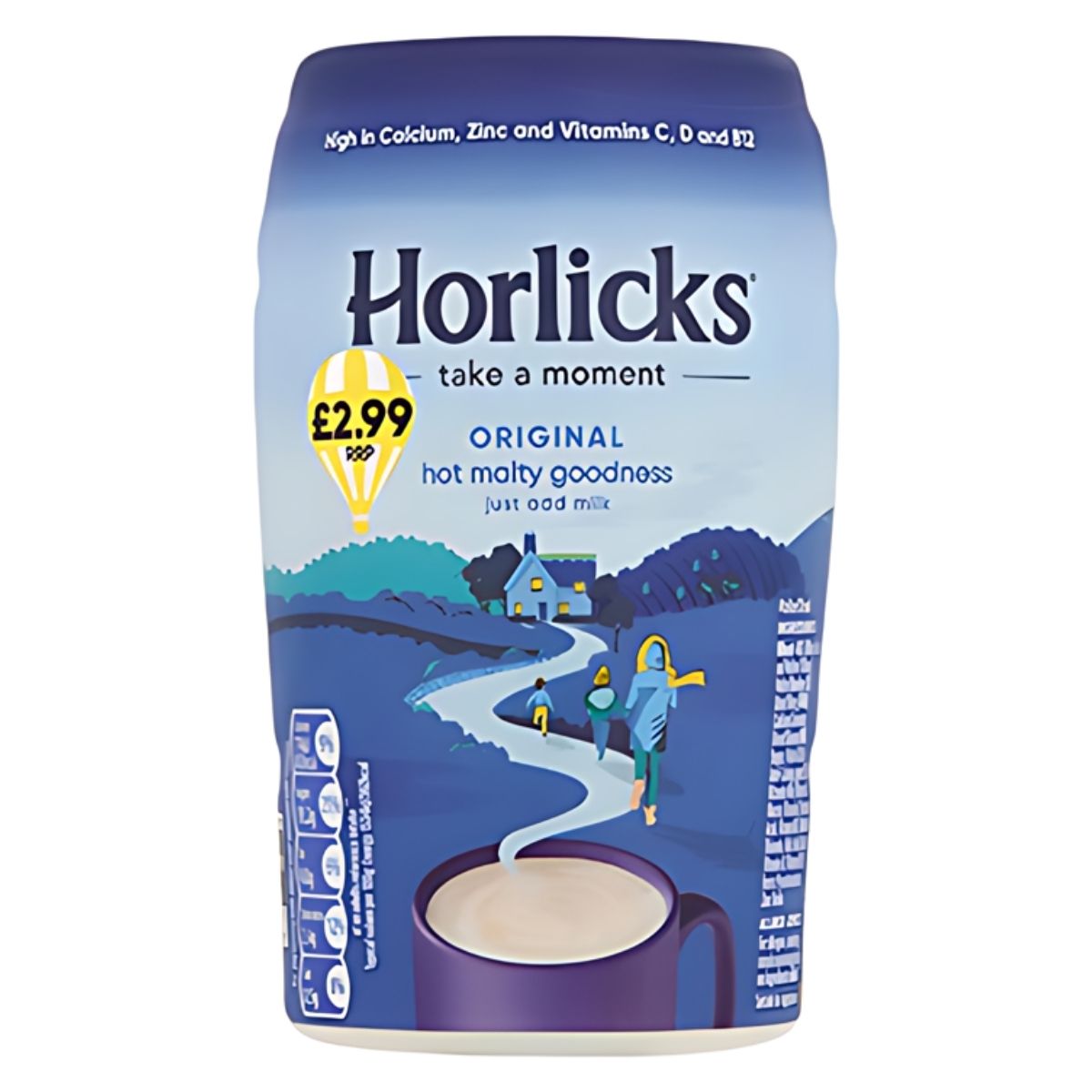 A container of Horlicks - Original Hot Malted Drink - 270g, priced at £2.99, features a countryside path illustration leading to a house with a large mug of this comforting beverage in the foreground. A container of Horlicks - Original Hot Malted Drink - 270g, priced at £2.99, features a countryside path illustration leading to a house with a large mug of this comforting beverage in the foreground.