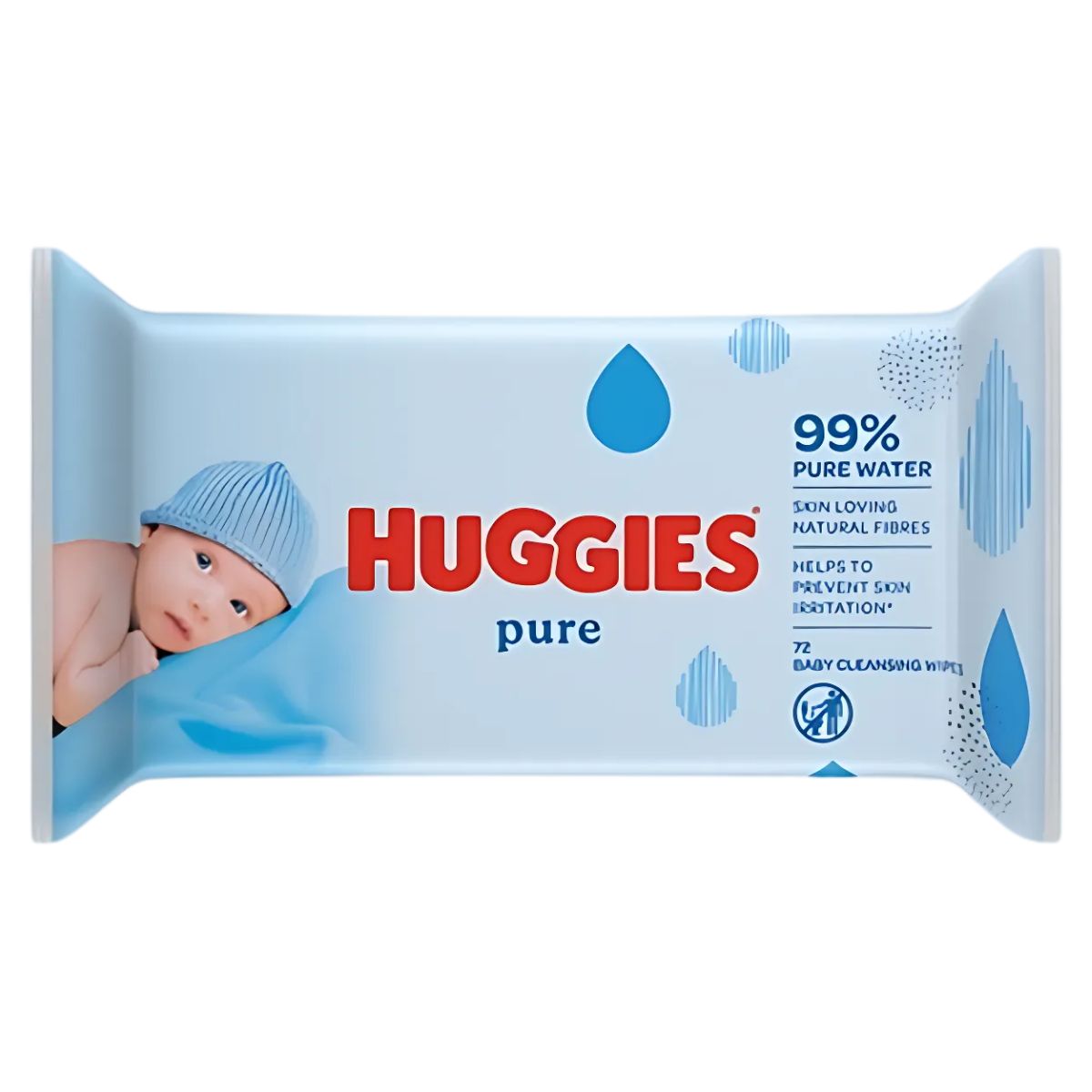 Huggies Pure Baby Wipes - 56pcs feature a baby in a blue hat, water drop designs, and text showing 99% pure water and natural fibers. Hypoallergenic wipes, ideal for delicate skin. Huggies Pure Baby Wipes - 56pcs feature a baby in a blue hat, water drop designs, and text showing 99% pure water and natural fibers. Hypoallergenic wipes, ideal for delicate skin.