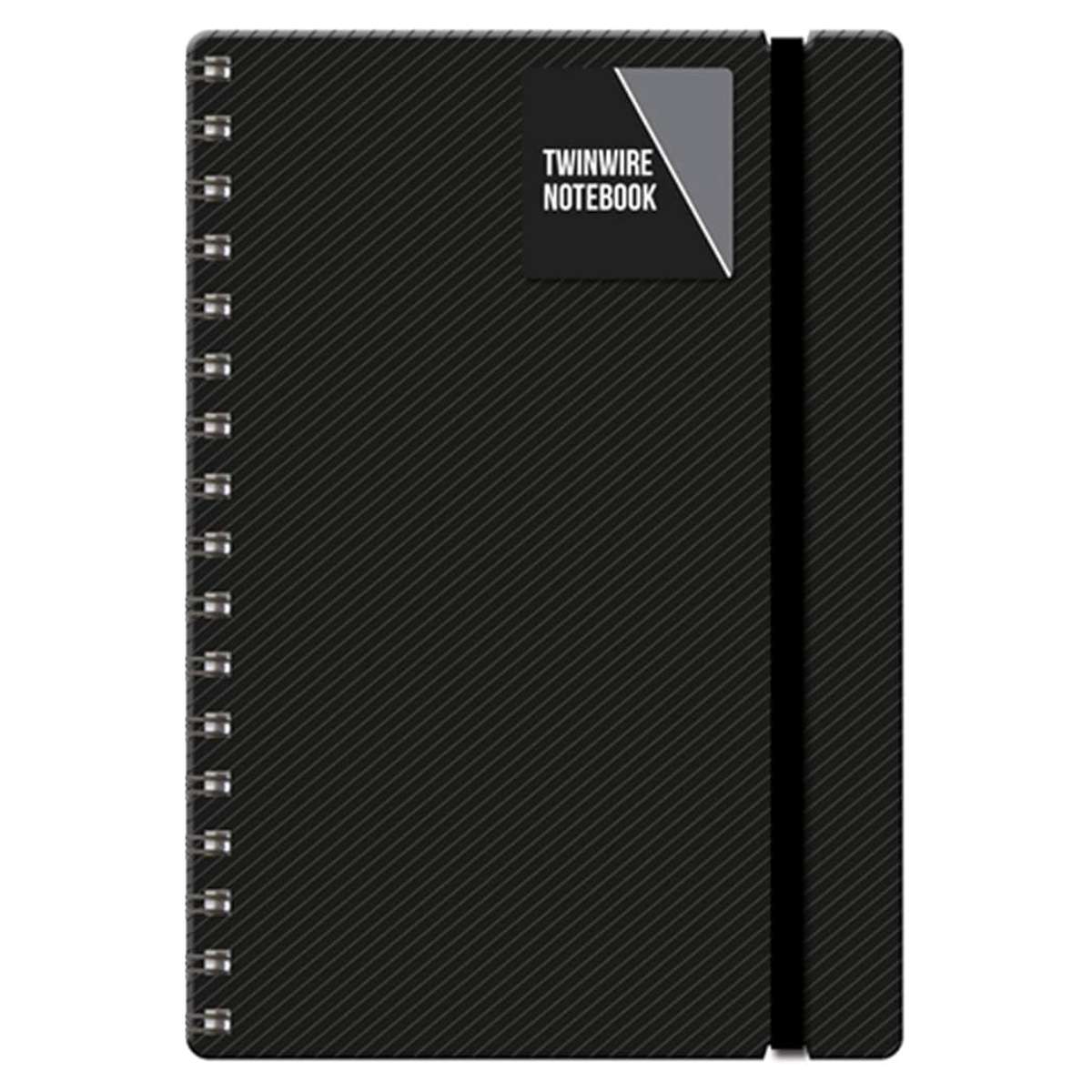 An IGD - Twinwire NoteBook - A5, black, with a textured cover, spiral binding, elastic band closure, and "Twinwire Notebook" label on the upper right corner. An IGD - Twinwire NoteBook - A5, black, with a textured cover, spiral binding, elastic band closure, and "Twinwire Notebook" label on the upper right corner.