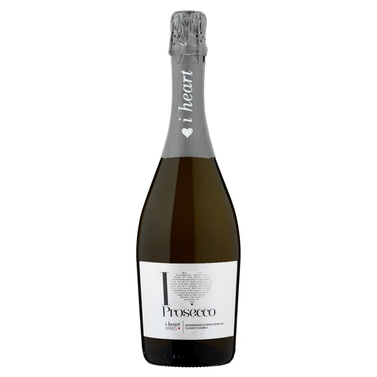 A bottle of I Heart - Prosecco (11% ABV) - 750ml on a white background.