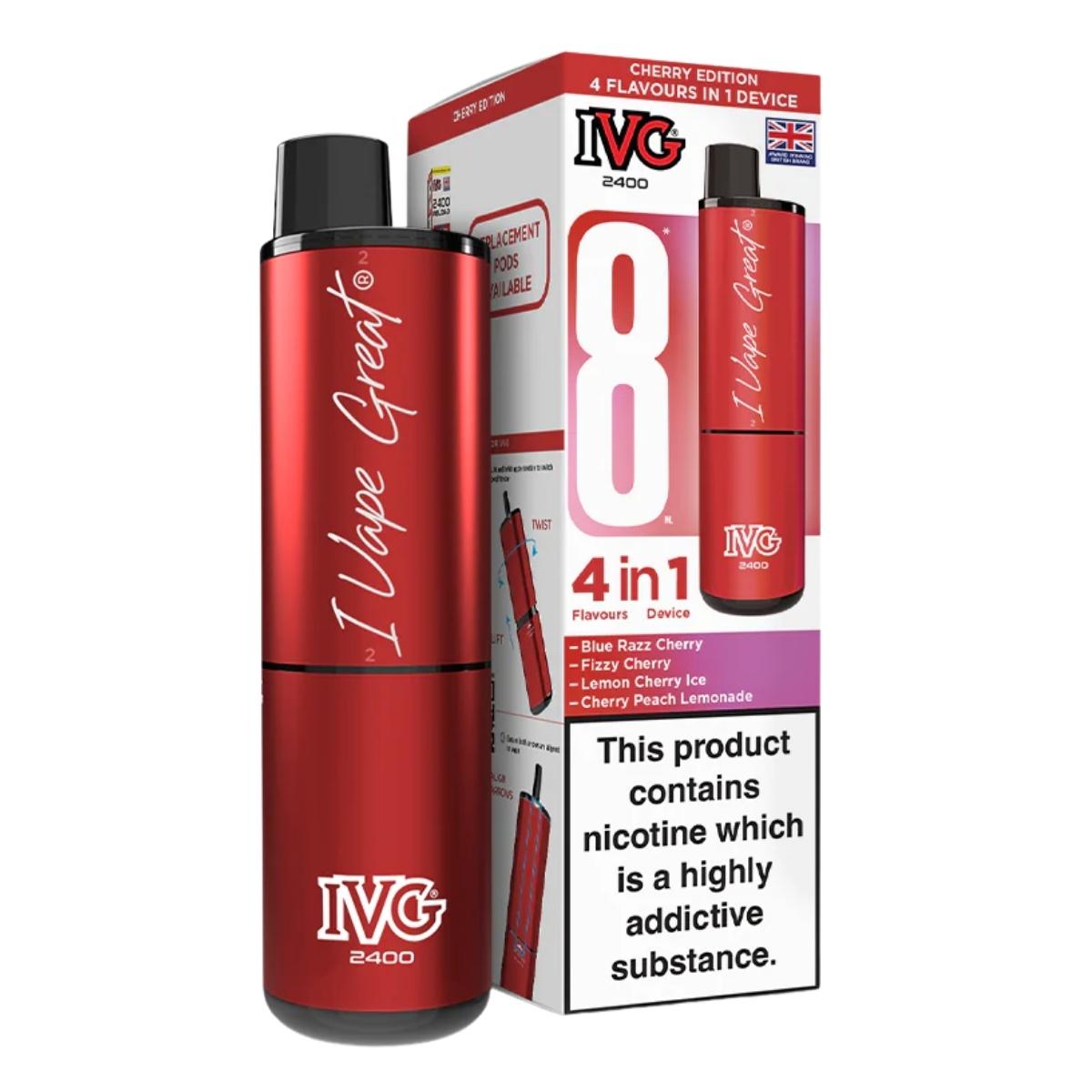 A red IVG - 2400 Cherry Edition 4 In 1 Pod Vape Kit - 20mg/mL is shown beside its packaging, featuring IVG Flavours and a nicotine warning label. A red IVG - 2400 Cherry Edition 4 In 1 Pod Vape Kit - 20mg/mL is shown beside its packaging, featuring IVG Flavours and a nicotine warning label.