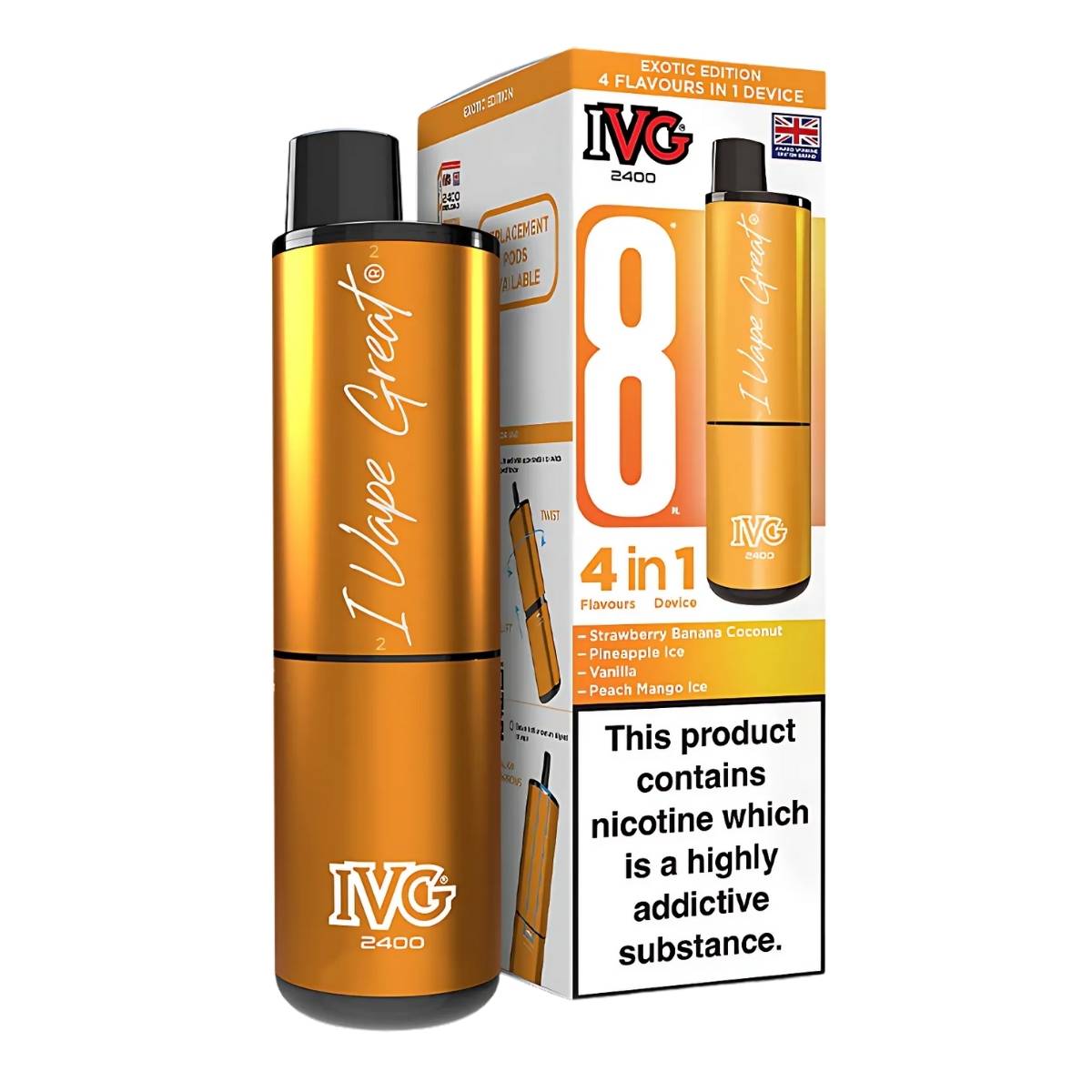 IVG - 2400 Exotic Edition 4 In 1 Pod Vape Kit - 20mg/mL in orange packaging, labeled "Exotic Edition, 4 in 1 Flavours" with Pineapple Ice, nicotine warning, and UK flag. IVG - 2400 Exotic Edition 4 In 1 Pod Vape Kit - 20mg/mL in orange packaging, labeled "Exotic Edition, 4 in 1 Flavours" with Pineapple Ice, nicotine warning, and UK flag.