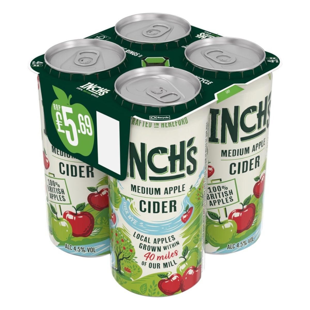Four cans of Inchs - Medium Apple Cider Can (4.5% ABV) - 4 x 440ml on a white background. Four cans of Inchs - Medium Apple Cider Can (4.5% ABV) - 4 x 440ml on a white background.