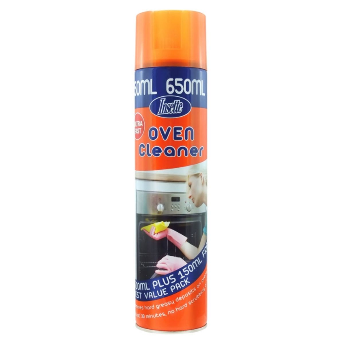 A can of Insette - Oven Cleaner - 650ml on a white background. A can of Insette - Oven Cleaner - 650ml on a white background.