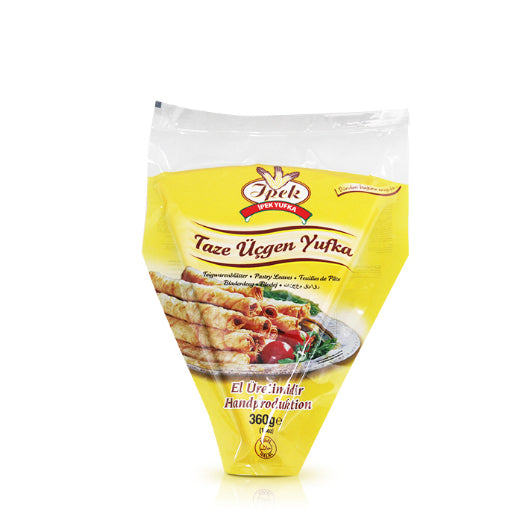 Packaging of Ipek brand Yufka Üçgenyufka Pastry Sheet, 330g, featuring an image of rolled pastries and salad on a yellow background. Perfect for crafting artisanal Turkish cuisine with handcrafted dough. Packaging of Ipek brand Yufka Üçgenyufka Pastry Sheet, 330g, featuring an image of rolled pastries and salad on a yellow background. Perfect for crafting artisanal Turkish cuisine with handcrafted dough.