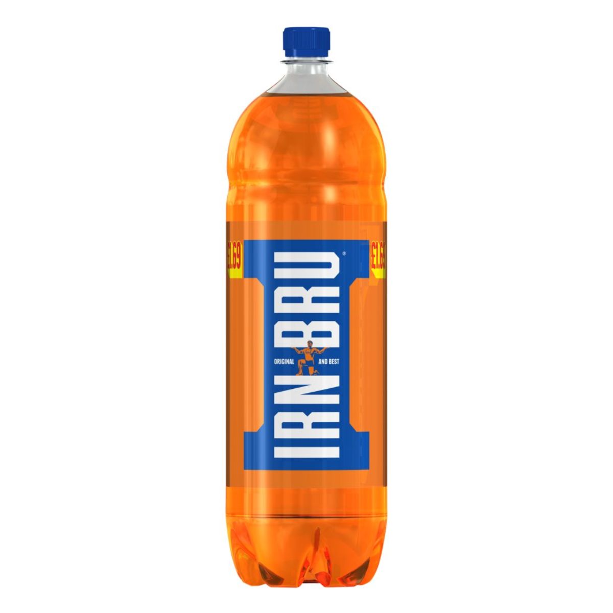 A bottle of Irn Bru - Original - 2L on a white background. A bottle of Irn Bru - Original - 2L on a white background.