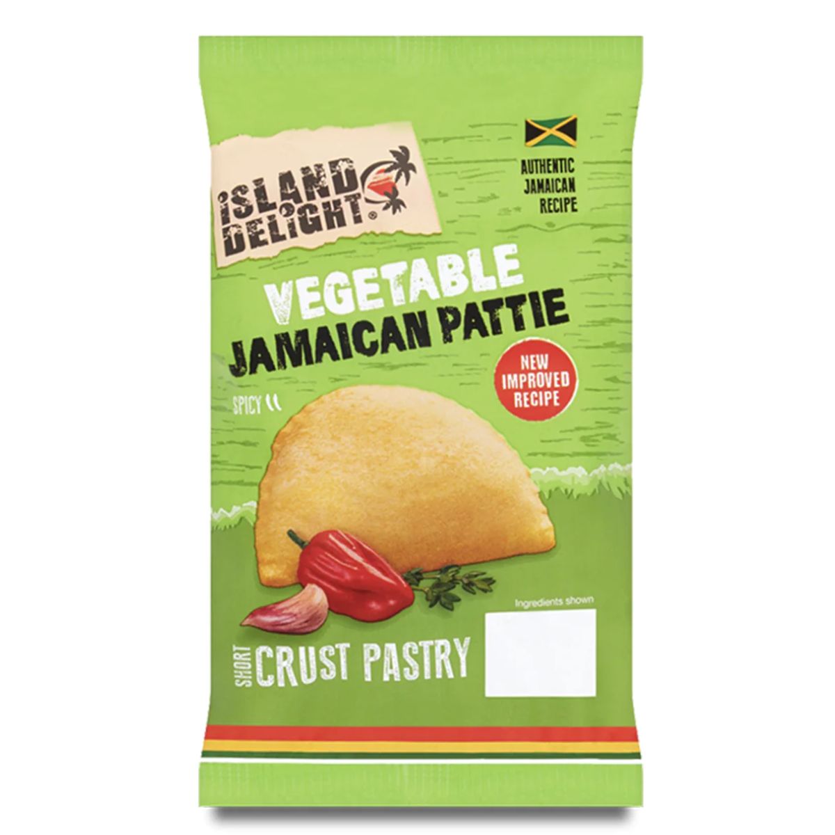 Packaging for a Island Delight- Jamaican Vegetable Short Crust Pattie with a new improved recipe.