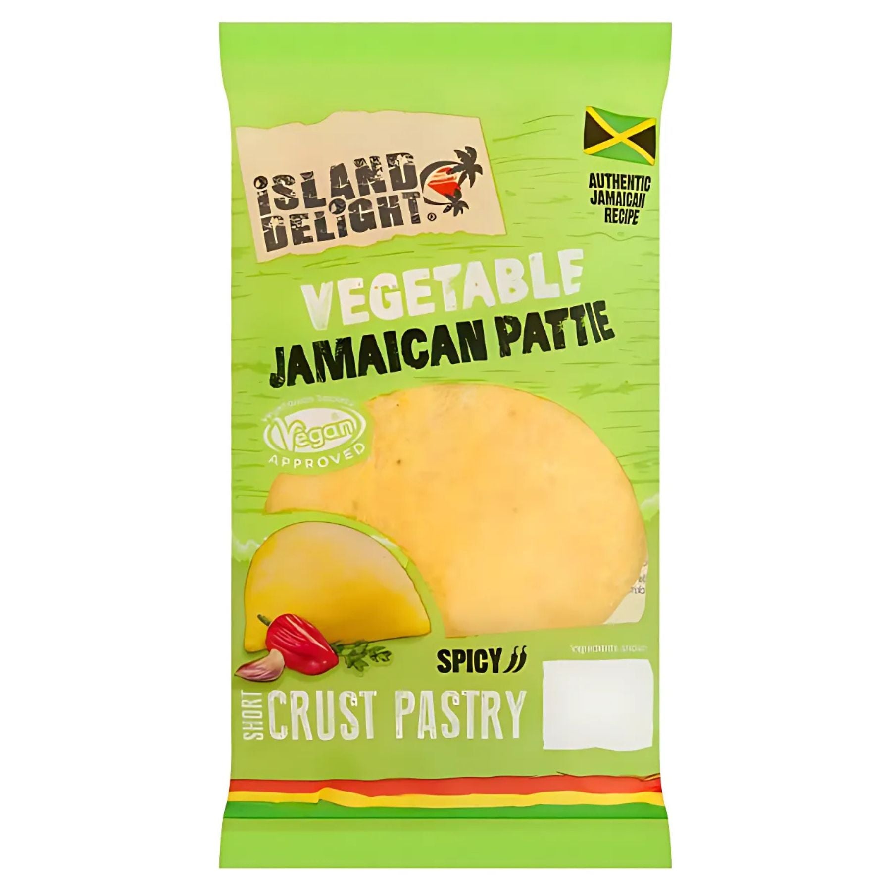 The Island Delight Jamaican Vegetable Short Crust Pattie 140g is a vegan, spicy snack made with authentic Jamaican recipes in a short crust pastry—ideal for a classic Caribbean treat. The Island Delight Jamaican Vegetable Short Crust Pattie 140g is a vegan, spicy snack made with authentic Jamaican recipes in a short crust pastry—ideal for a classic Caribbean treat.