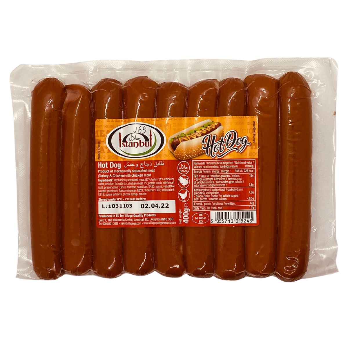 Istanbul - Beef Hot Dogs (Halal) in a plastic bag on a white background.