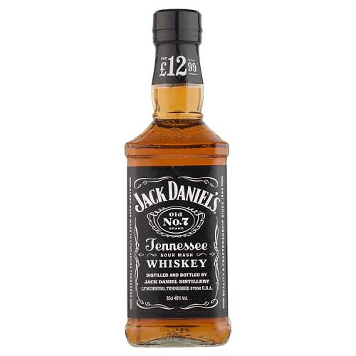 A bottle of Jack Daniels - Old No 7 Tennessee Whiskey (40.0% ABV) - 35cl on a white background.