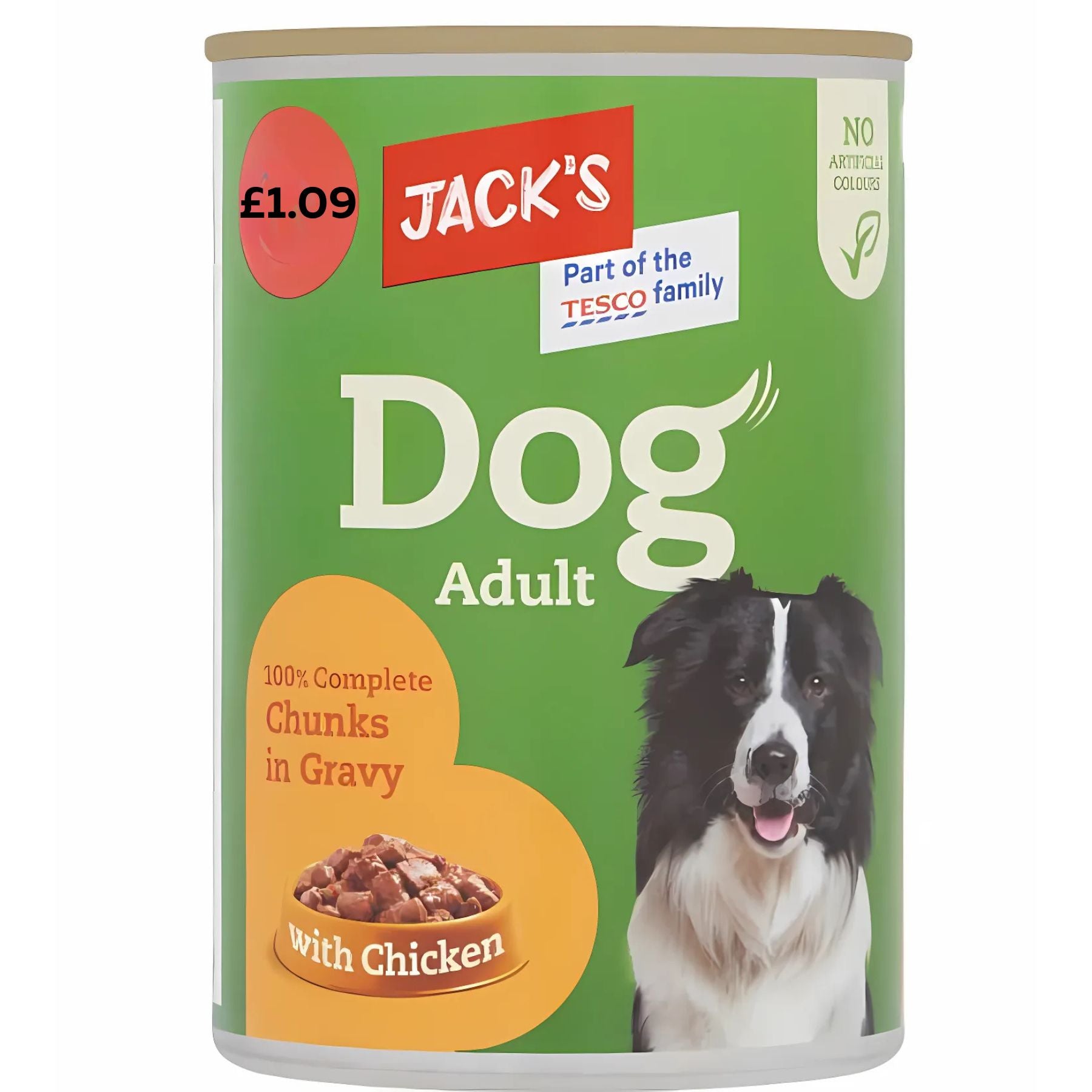 A 415g can of Jack's 100% Complete Chunks in Gravy with Chicken Adult Dog Food, featuring a photo of a black and white dog and priced at £1.09. A 415g can of Jack's 100% Complete Chunks in Gravy with Chicken Adult Dog Food, featuring a photo of a black and white dog and priced at £1.09.