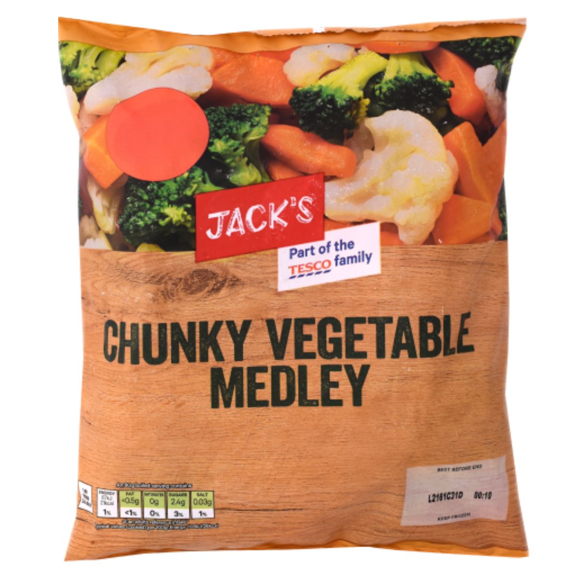 A bag of Jacks - Chunky Vegetable Medley - 500g on a white background.