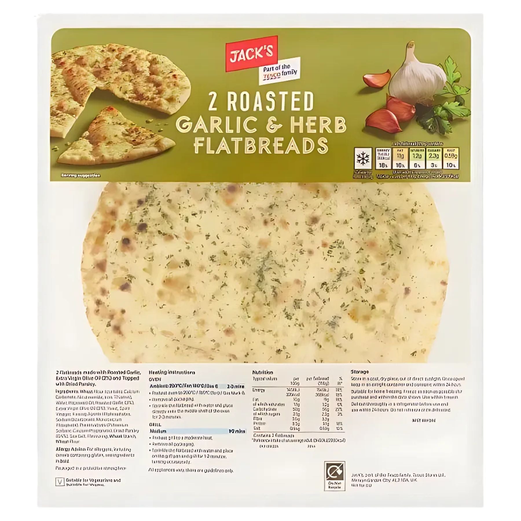A pack of Jack's Roasted Garlic & Herbs Flat Breads (2 Pack) is shown, featuring one full herb flatbread and a partial serving suggestion. The vegan packaging displays nutritional and cooking information. A pack of Jack's Roasted Garlic & Herbs Flat Breads (2 Pack) is shown, featuring one full herb flatbread and a partial serving suggestion. The vegan packaging displays nutritional and cooking information.