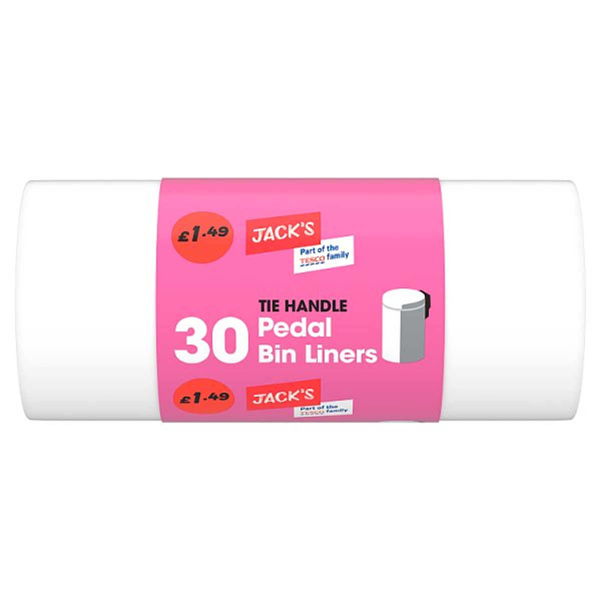 A roll of Jacks - Tie Handle Pedal Bin Liners - 30pcs on a pink background.