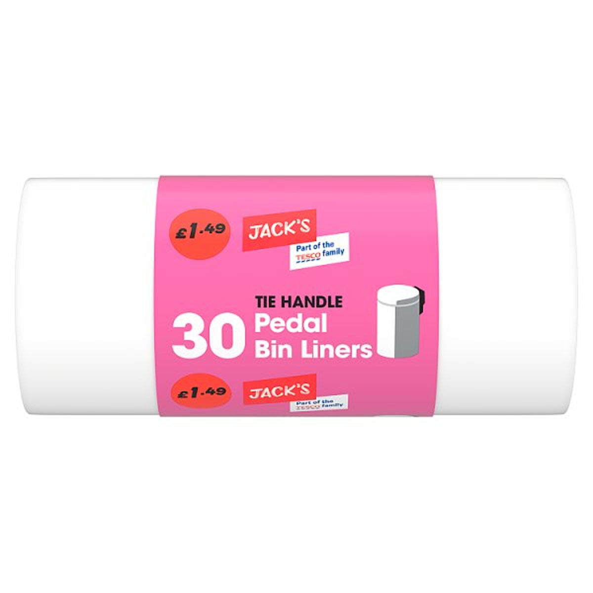 A roll of Jacks - Tie Handle Pedal Bin Liners - 30pcs on a pink background. A roll of Jacks - Tie Handle Pedal Bin Liners - 30pcs on a pink background.