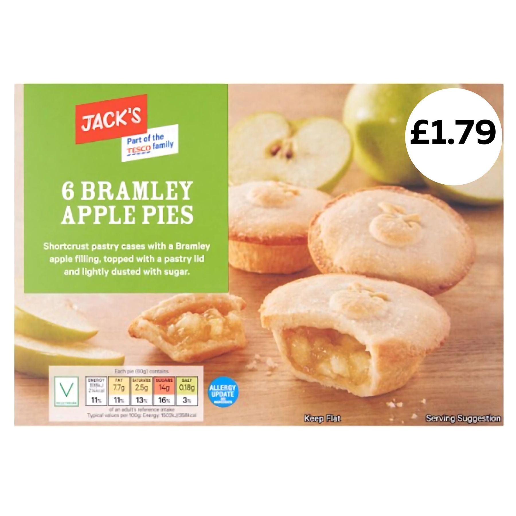 Jacks - 6 Bramley Apple Pies (6 x 60g) with homemade flavour, featuring apple-filled pies on a wooden surface. Price shown: £1.79 (top right corner). Jacks - 6 Bramley Apple Pies (6 x 60g) with homemade flavour, featuring apple-filled pies on a wooden surface. Price shown: £1.79 (top right corner).