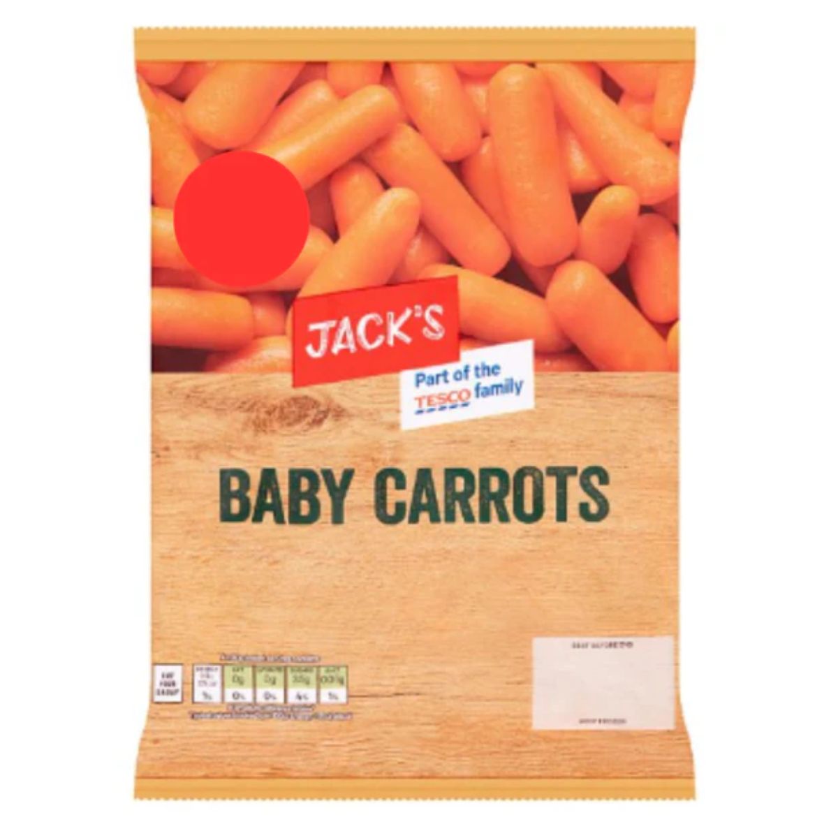 A package of Jack's - Baby Carrots - 500g, stating "part of the tesco family" with a red circular logo at the top.