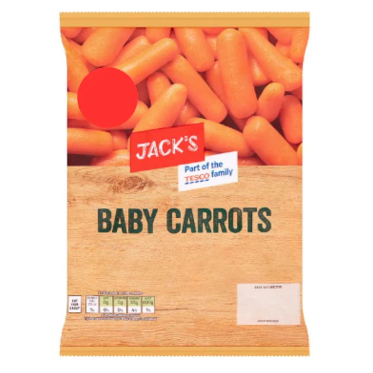 A package of Jack's - Baby Carrots - 500g, stating "part of the tesco family" with a red circular logo at the top. A package of Jack's - Baby Carrots - 500g, stating "part of the tesco family" with a red circular logo at the top.
