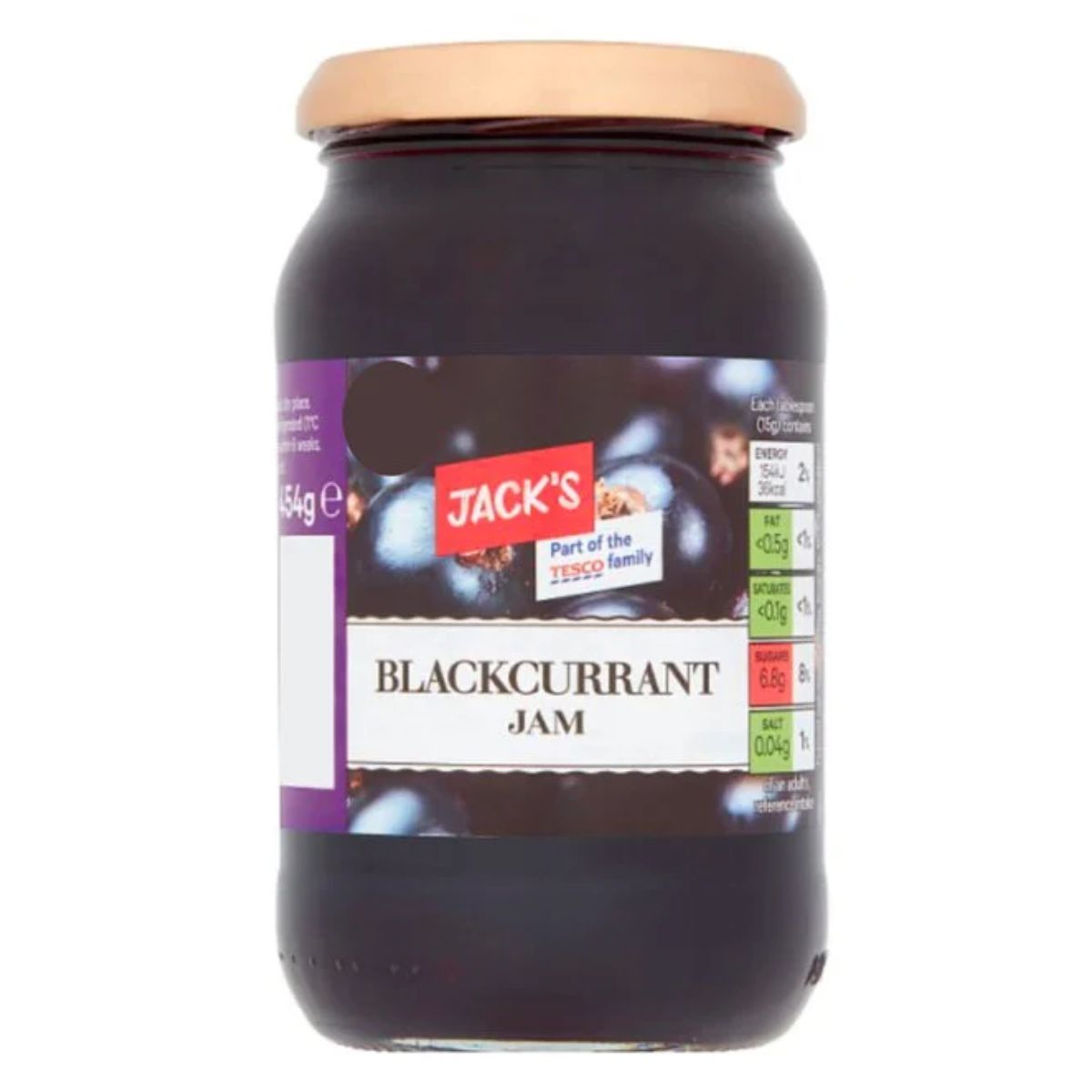 A jar of Jacks - Blackcurrant Jam - 454g on a white background.