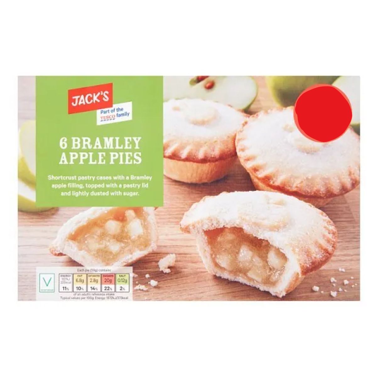 A box of Jacks - Bramley Apple Pies - 6pcs on a table.