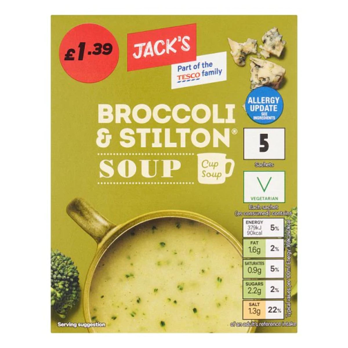 A packaged Jacks - Broccoli and Stilton Cup Soup - 120g with allergy information and nutritional details displayed on the label.