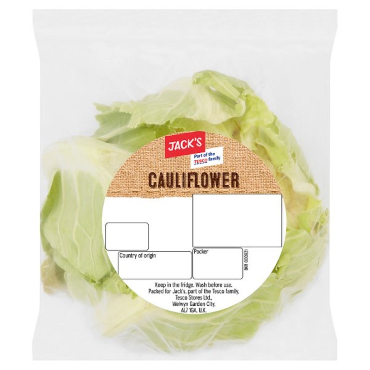 A bag of Jacks - Cauliflower - 1pcs with a label on it.