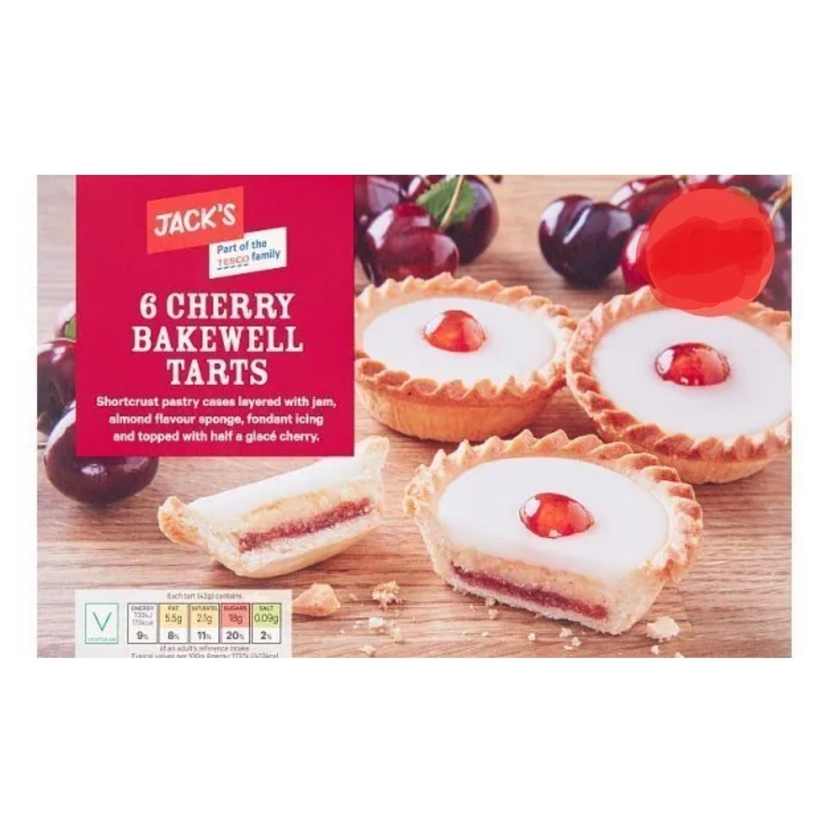 A box of six Jacks - Cherry Bakewell Tarts tarts.