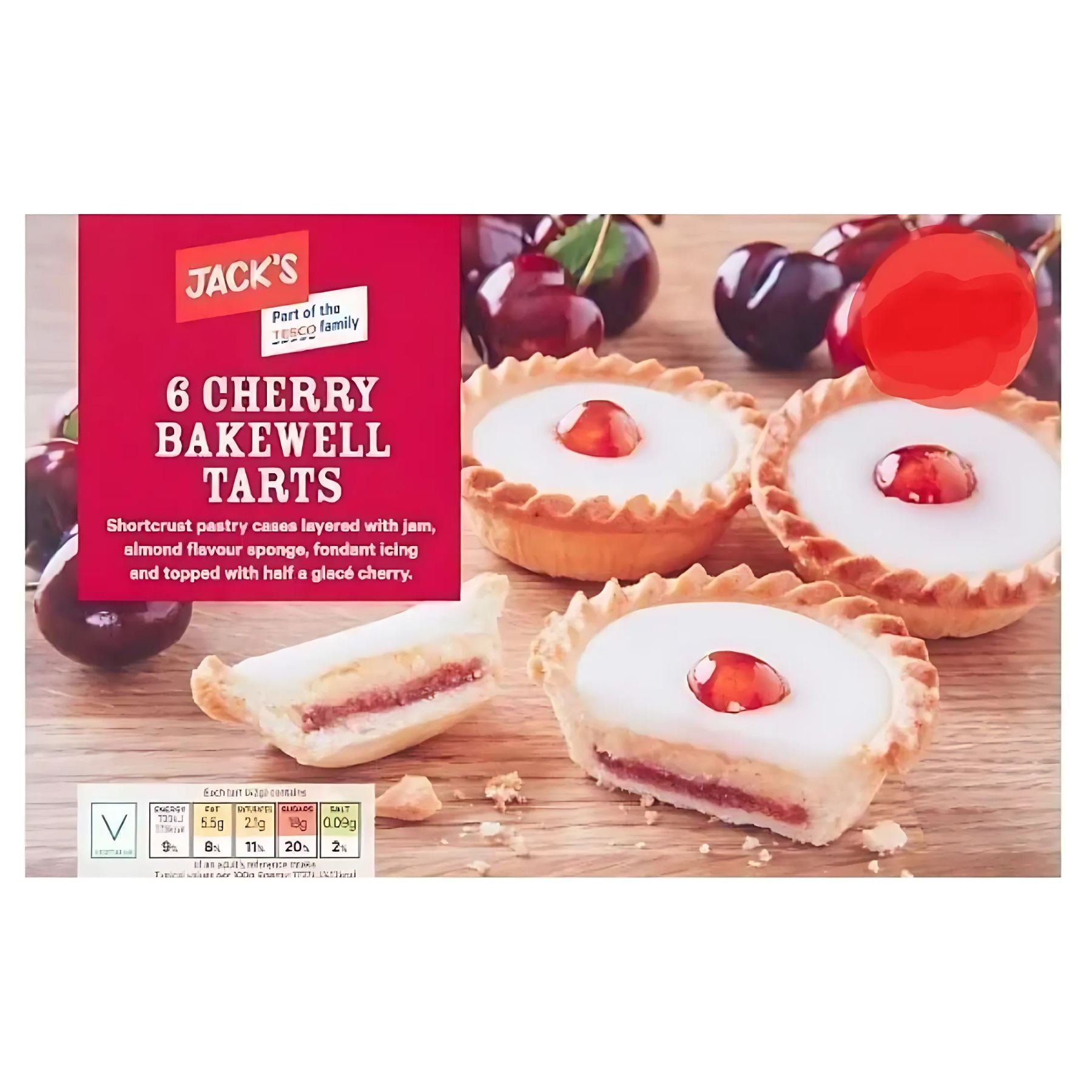 Jacks - Cherry Bakewell Tarts - 6pcs: Pastry tarts filled with plum and raspberry jam, almond flavour sponge, topped with white icing and a red cherry. The label provides a description of the delicious contents inside. Jacks - Cherry Bakewell Tarts - 6pcs: Pastry tarts filled with plum and raspberry jam, almond flavour sponge, topped with white icing and a red cherry. The label provides a description of the delicious contents inside.