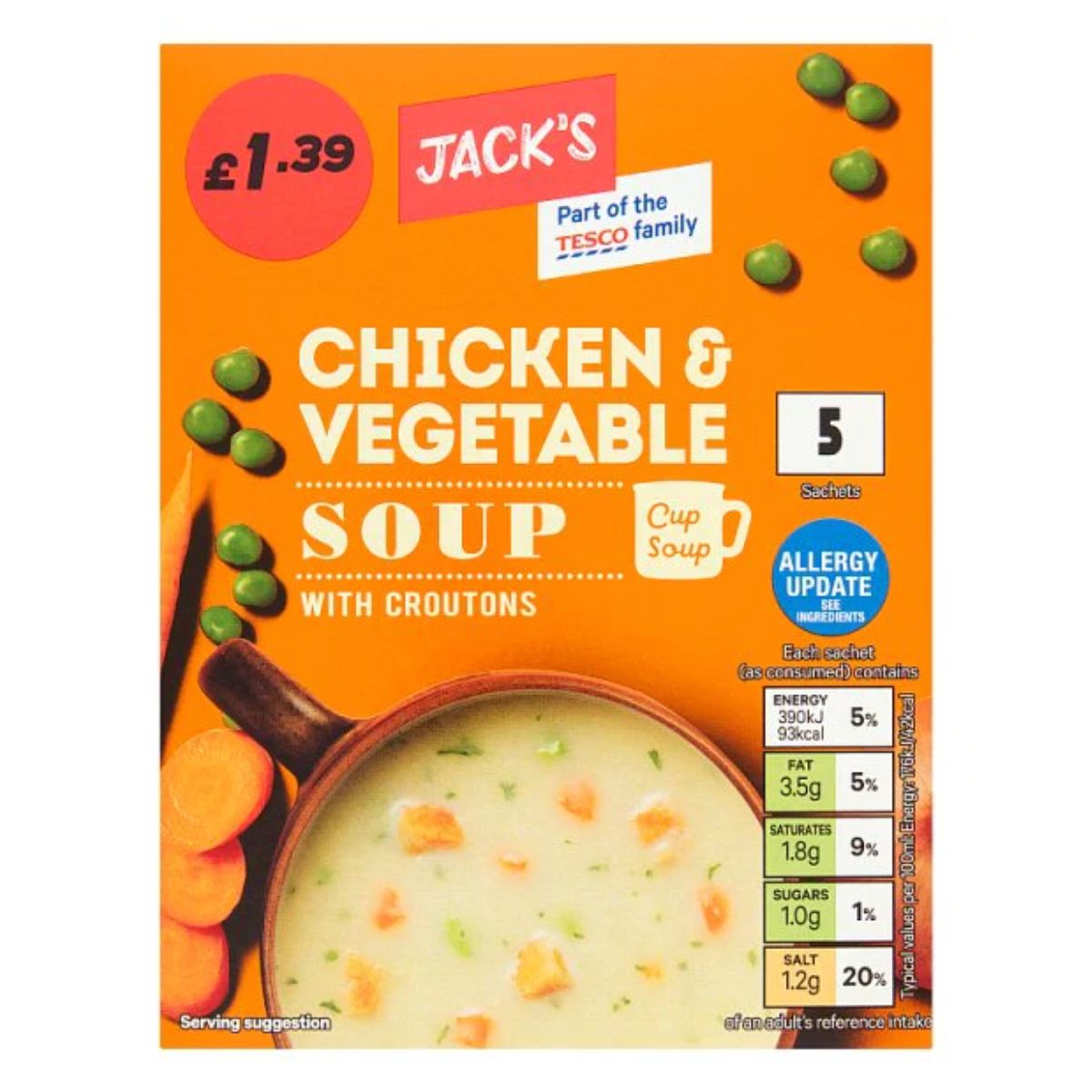 A package of Jacks - Chicken & Vegetable Cup Soup with Croutons - 110g displaying price and nutritional information. A package of Jacks - Chicken & Vegetable Cup Soup with Croutons - 110g displaying price and nutritional information.