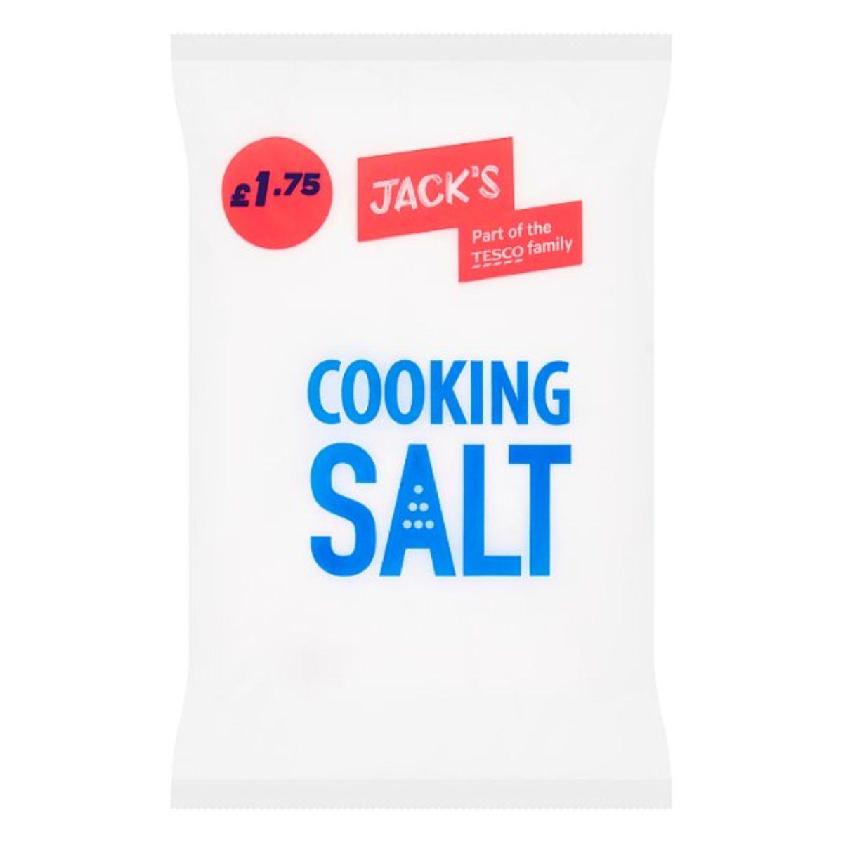 A package of Jacks - Cooking Salt - 1.5kg priced at £1.75, part of the Tesco family of products.