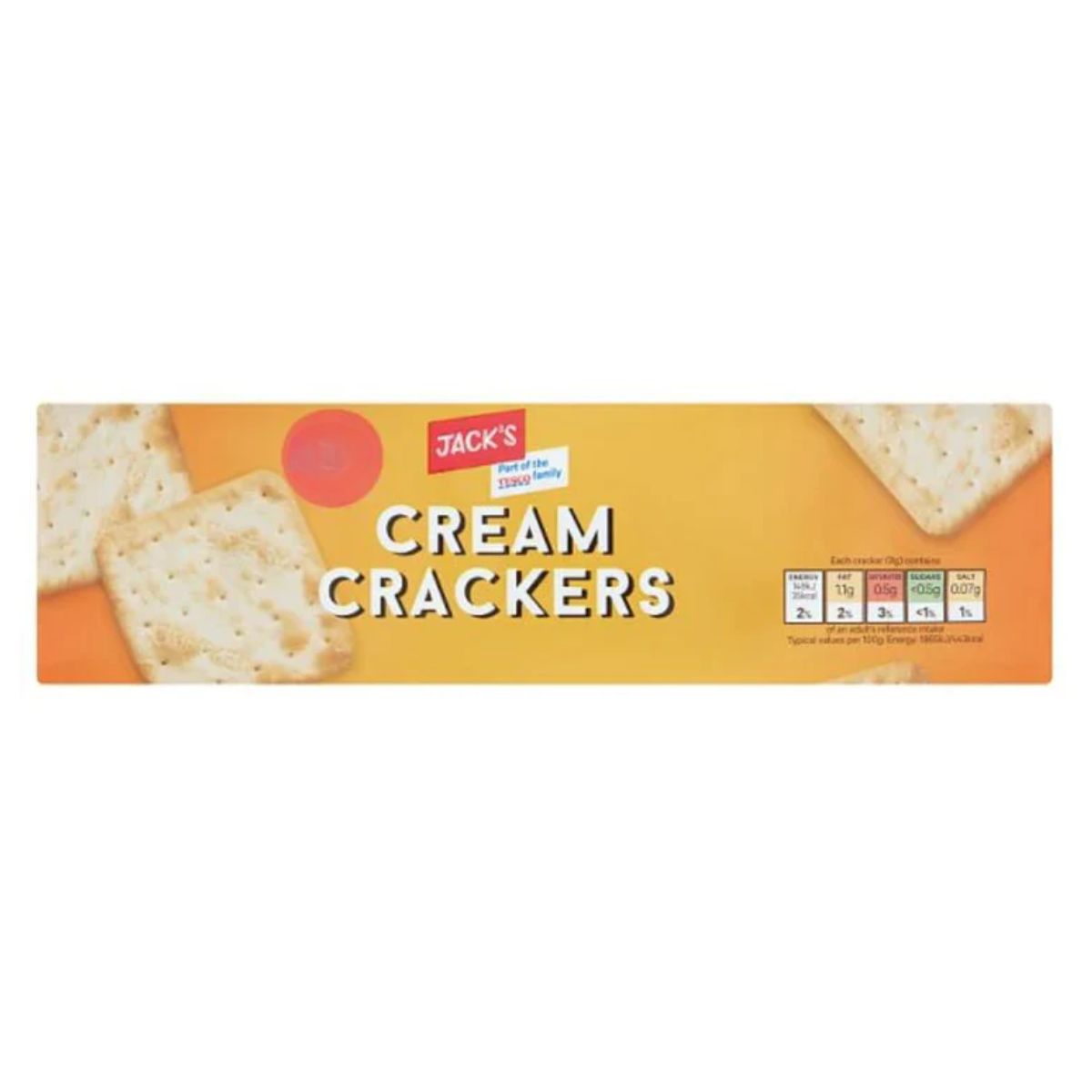 A package of Jacks - Cream Crackers - 300g featuring the logo and images of the square crackers on an orange background. A package of Jacks - Cream Crackers - 300g featuring the logo and images of the square crackers on an orange background.