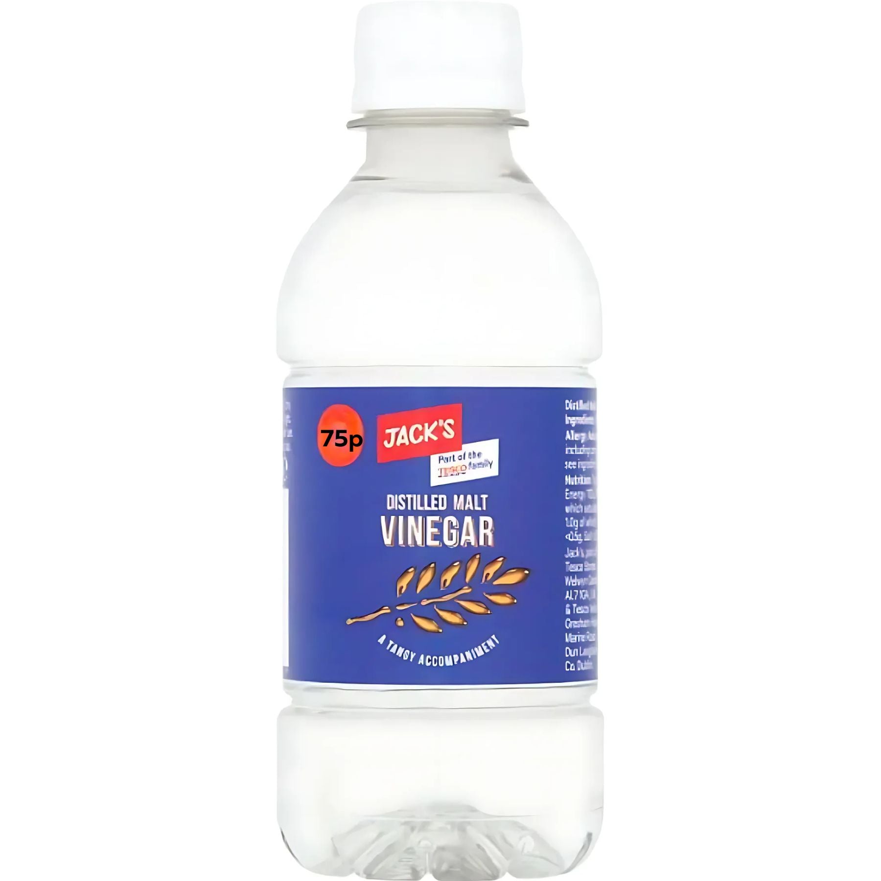 A 284ml clear plastic bottle of Jacks Distilled Vinegar with a blue label and white cap, priced at 75p—ideal for cooking or enhancing the flavor of your favorite dishes. A 284ml clear plastic bottle of Jacks Distilled Vinegar with a blue label and white cap, priced at 75p—ideal for cooking or enhancing the flavor of your favorite dishes.