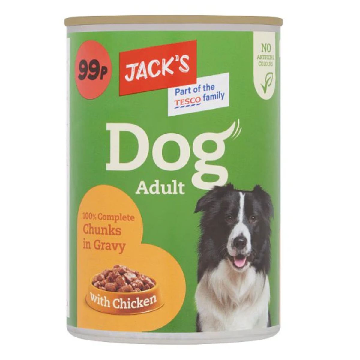 A can of Jack's - Dog Adult 100% Complete Chunks in Jelly with Chicken featuring chunks in gravy with chicken, showing a border collie on the label. A can of Jack's - Dog Adult 100% Complete Chunks in Jelly with Chicken featuring chunks in gravy with chicken, showing a border collie on the label.