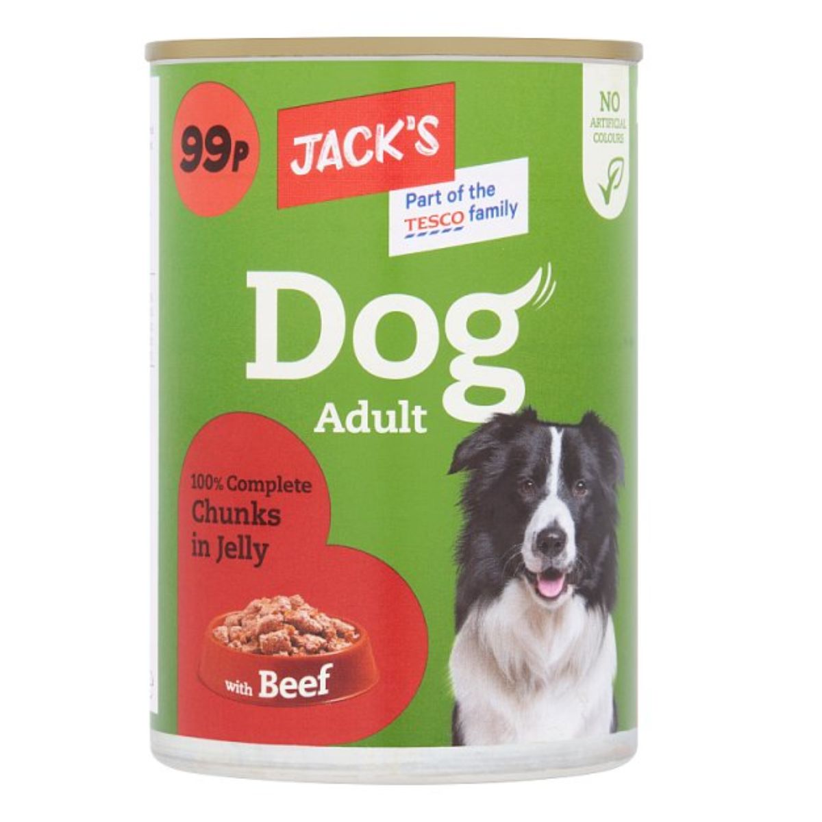 A can of Jacks - Dog Beef & Jelly - 415g, priced at 99p, bearing the Tesco family logo.