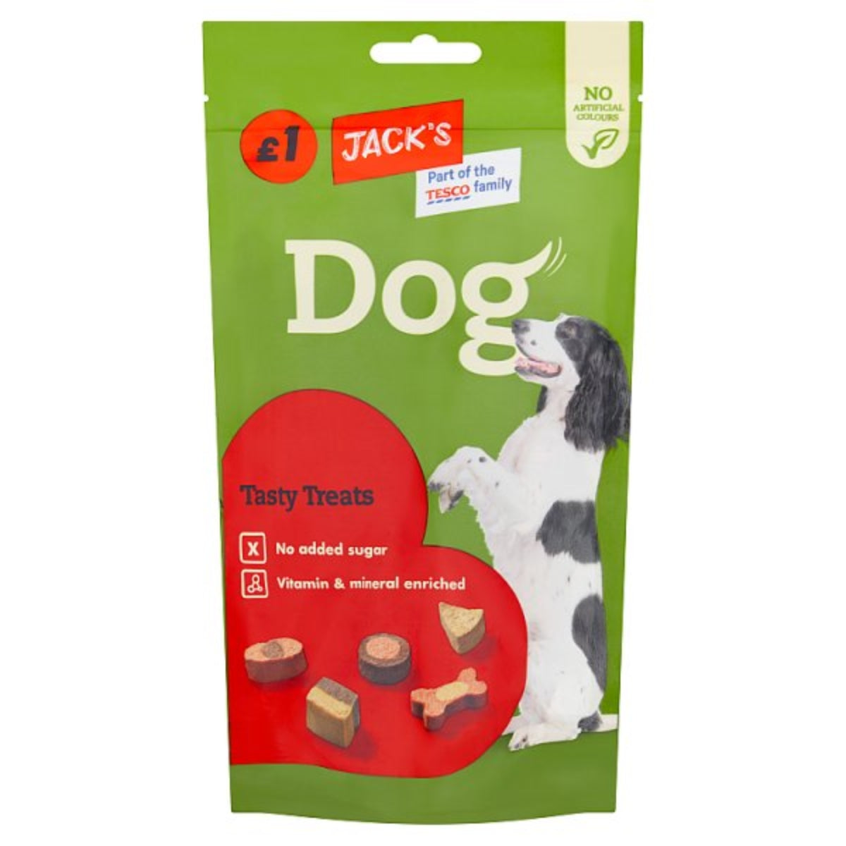 A package of Jacks - Dog Tasty Treats - 100g, featuring an image of a black and white dog and circular windows showing the treats inside, labeled "no added sugar" and "vitamin & mineral enriched. A package of Jacks - Dog Tasty Treats - 100g, featuring an image of a black and white dog and circular windows showing the treats inside, labeled "no added sugar" and "vitamin & mineral enriched.