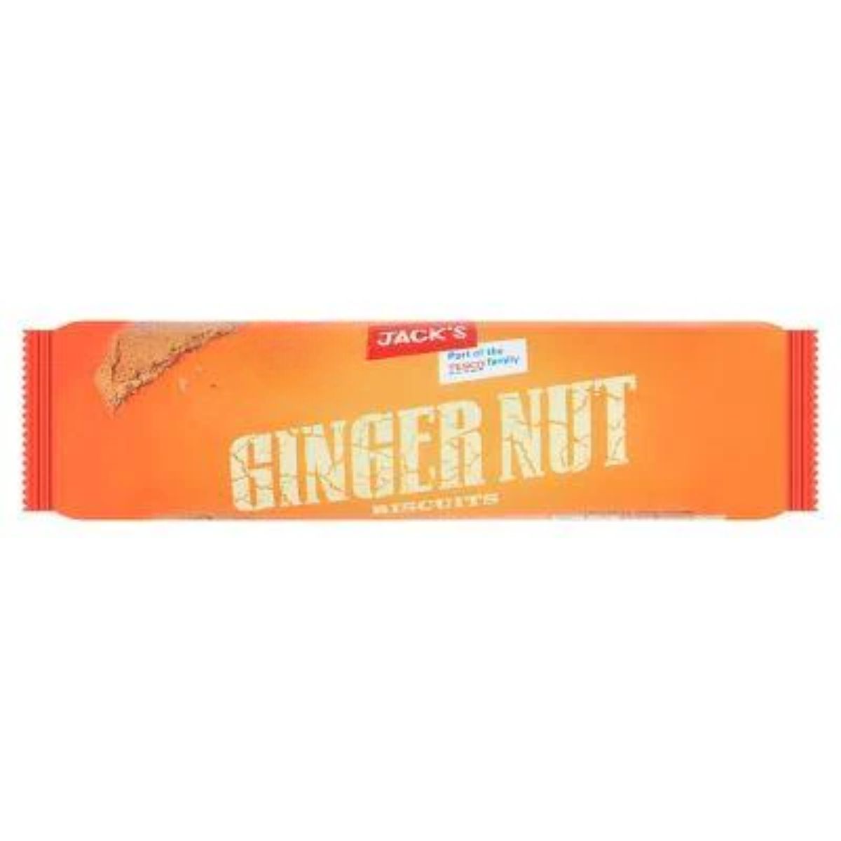 Package of Jacks - Ginger Nut Biscuit - 200g with a corner showing a broken biscuit. Package of Jacks - Ginger Nut Biscuit - 200g with a corner showing a broken biscuit.