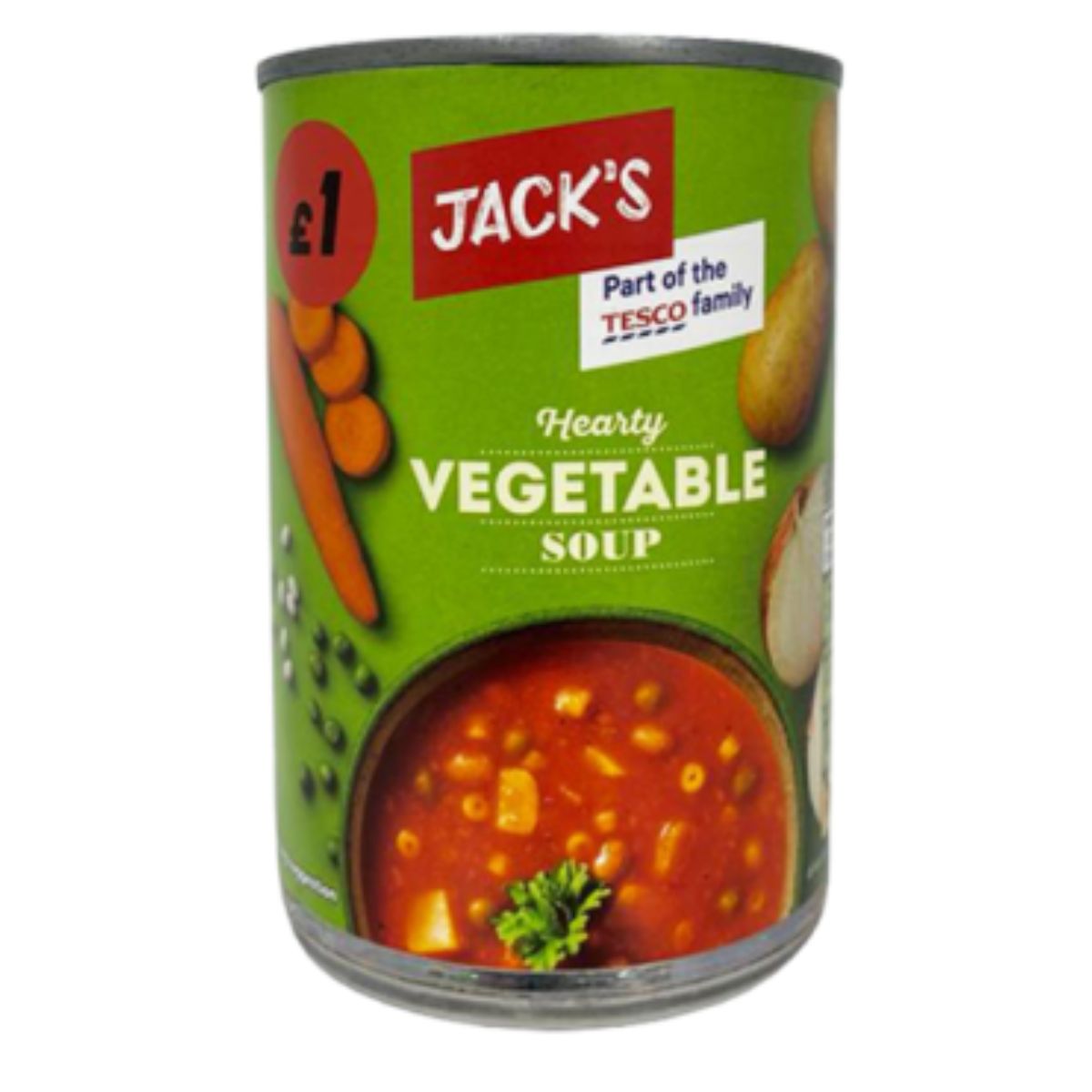 A can of Jacks - Hearty Vegetable Soup - 400g on a white background. A can of Jacks - Hearty Vegetable Soup - 400g on a white background.