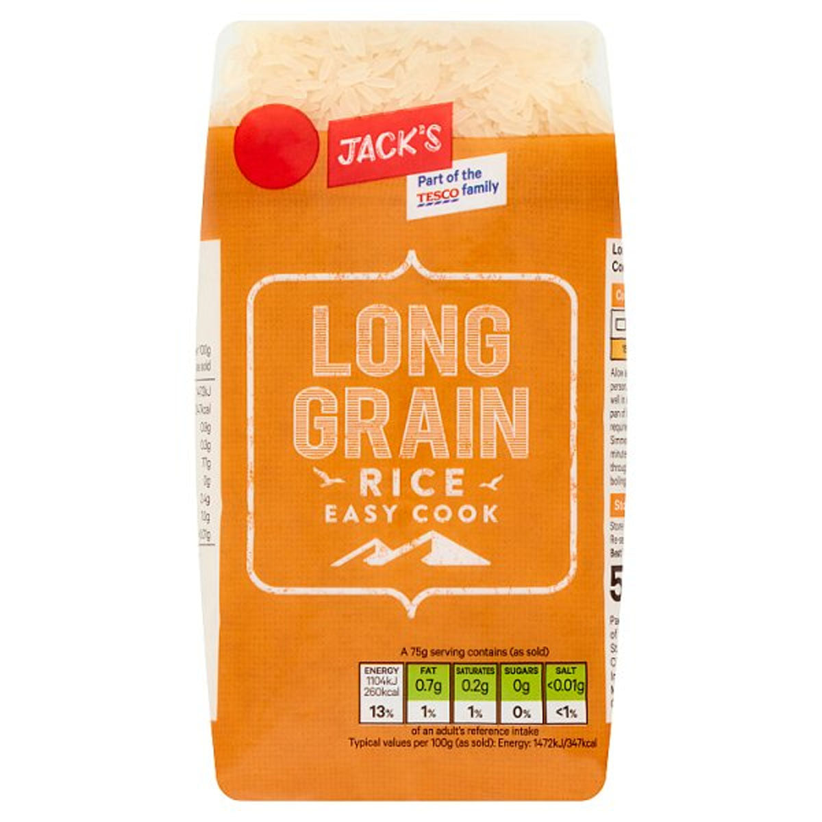 A bag of Jacks - Long Grain Rice - 500g on a white background.
