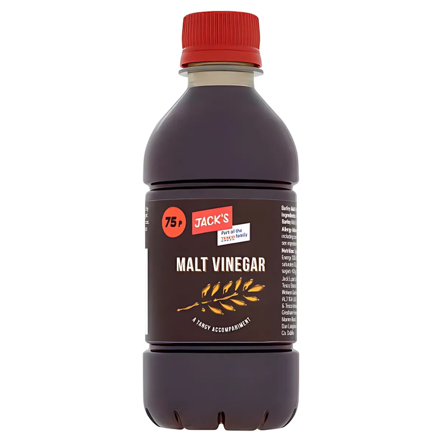 A 284ml plastic bottle of Jacks Malt Vinegar with a red cap and brown label, priced at 75p—ideal for drizzling over your fish and chips. A 284ml plastic bottle of Jacks Malt Vinegar with a red cap and brown label, priced at 75p—ideal for drizzling over your fish and chips.