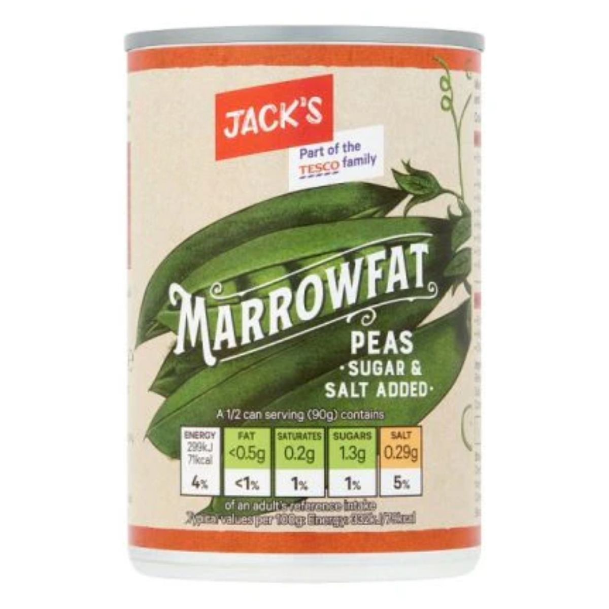 A can of Jacks Marrowfat Peas - 300g with added sugar and salt, displaying nutritional information and labeled "Part of the Tesco family. A can of Jacks Marrowfat Peas - 300g with added sugar and salt, displaying nutritional information and labeled "Part of the Tesco family.