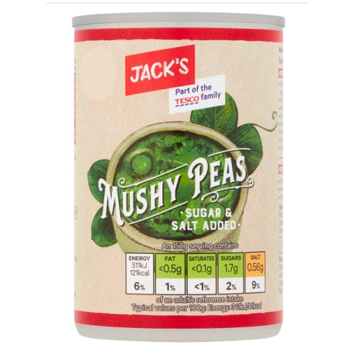 A can of Jacks - Mushy Peas - 300g with no added sugar and salt.