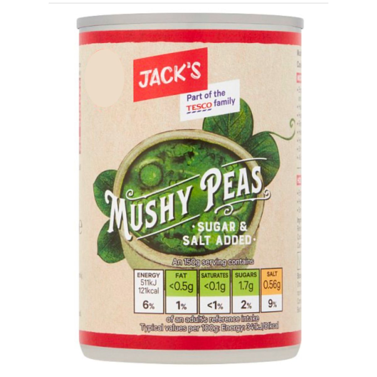 A can of Jacks - Mushy Peas - 300g with no added sugar and salt. A can of Jacks - Mushy Peas - 300g with no added sugar and salt.