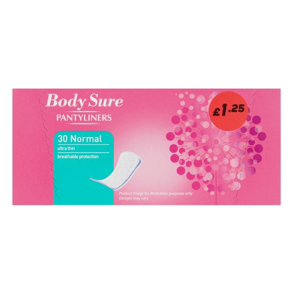 Body sure pantyliners in a pink package.